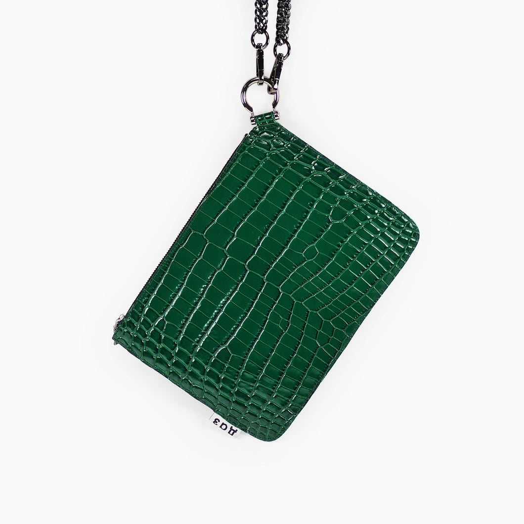 Handmade dark green crocodile print leather clutch