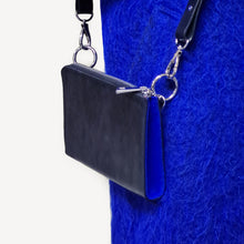 Handmade black thin leather bag with blue detail