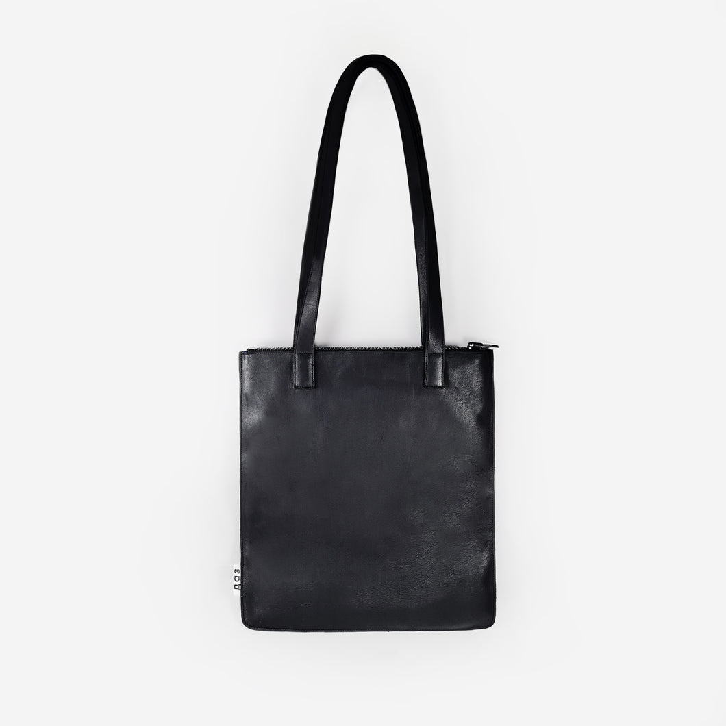 Handmade unisex black leather tote bag