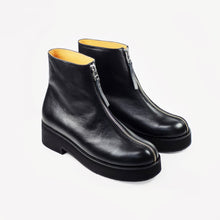 Handmade Black Ankle Boots with the Front Zip and Thick Platform
