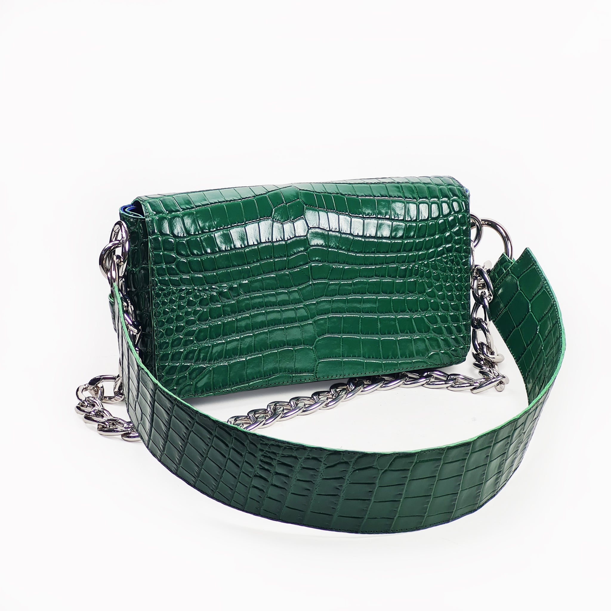 Handmade green leather shoulder bag with crocodile texture – daz