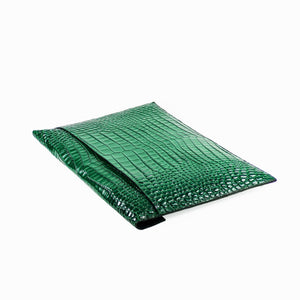 Dark green leather laptop case with crocodile texture