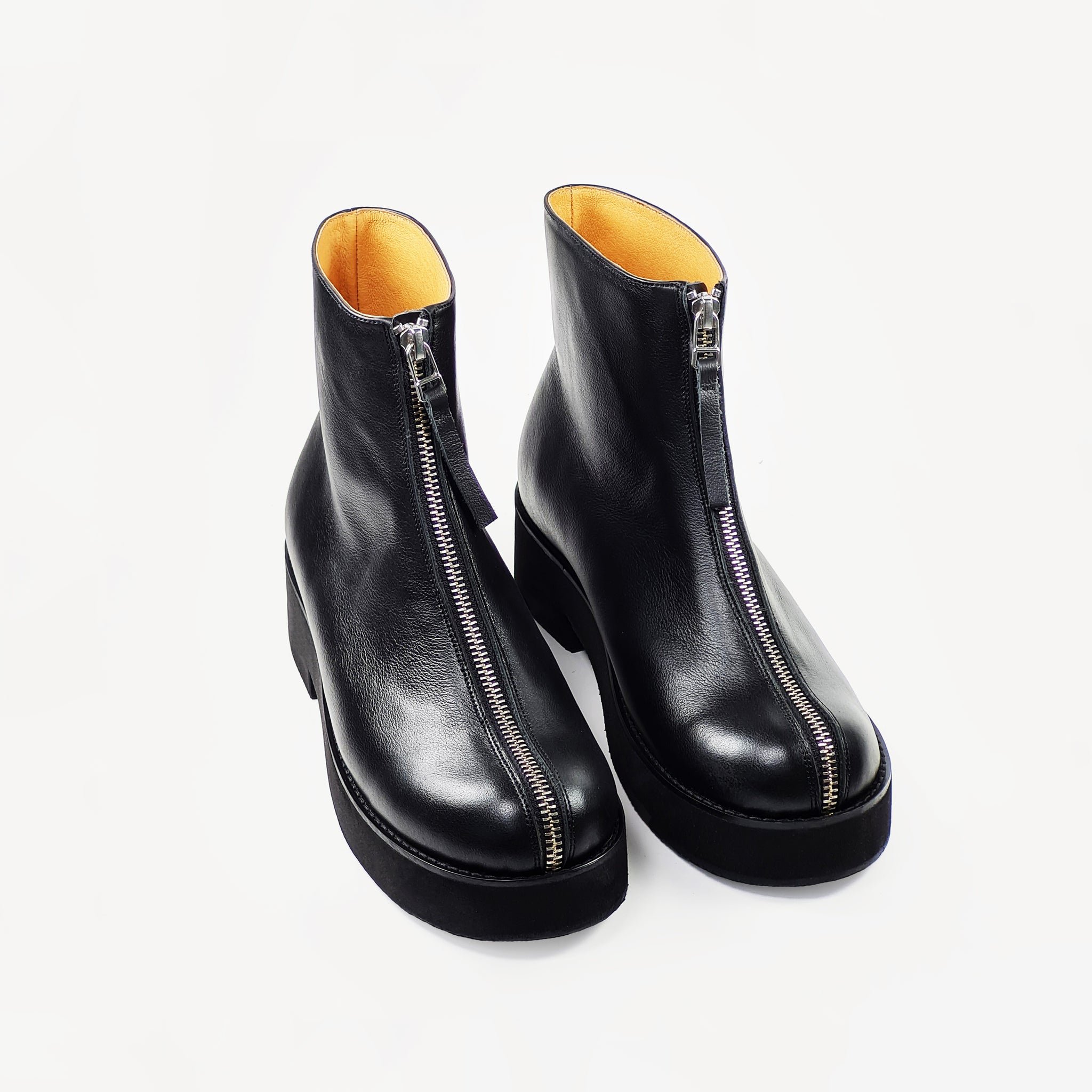 Handmade Black Ankle Boots with the Front Zip and Thick Platform