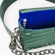 Handmade green leather shoulder bag with crocodile texture