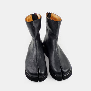 Handmade black leather split toe ankle boots