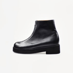 Handmade Black Ankle Boots with the Front Zip and Thick Platform