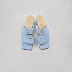 Strappy leather heeled sandals in light blue color