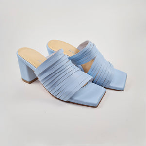 Strappy leather heeled sandals in light blue color