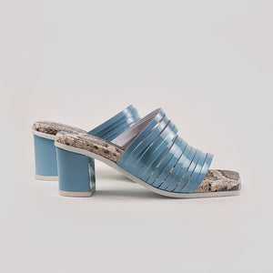 Strappy leather heeled sandals in blue color with a snake pattern insole