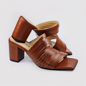 Strappy leather heeled sandals in brown color