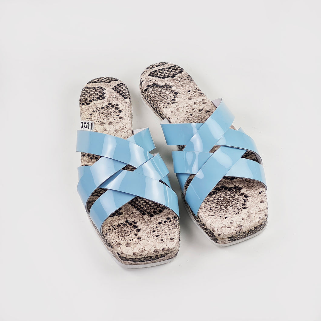 Blue Strappy Slip On Sandals With a Snake Pattern Insole