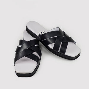 Black and White Strappy Slide Sandals