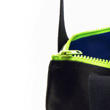 Black leather tote with neon zip